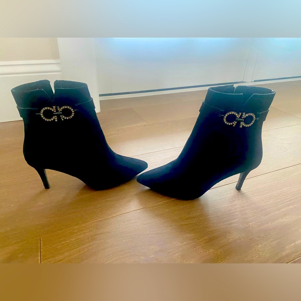Pedro Anton black suede bootie with rhinestone bit accent, size 7 (37)